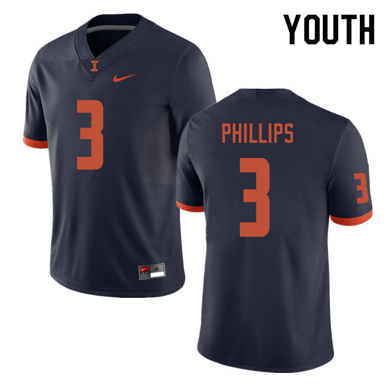 Youth #3 Del'Shawn Phillips Illinois Fighting Illini College Football Jerseys Sale-Navy